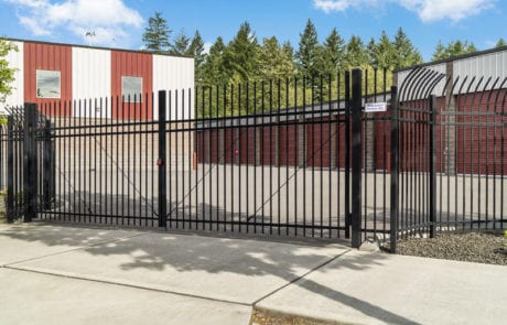 Black wrought iron commercial security fence at Armor Storage in Lacey, WA installed by Summit Fence Co. LLC